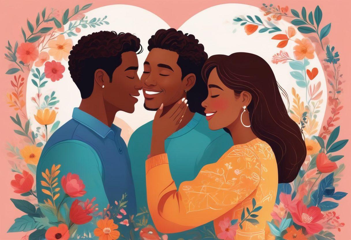 A colorful illustration showcasing a diverse group of couples communicating through various love languages, such as acts of service, words of affirmation, quality time, gifts, and physical touch. The background should depict a warm, inviting atmosphere with heart motifs enhancing the theme of affection. Each couple should represent different cultures and backgrounds, emphasizing inclusivity in love. Playful doodles of hearts and flowers can surround the couples, enhancing the romantic vibe. vibrant colors. vector art.