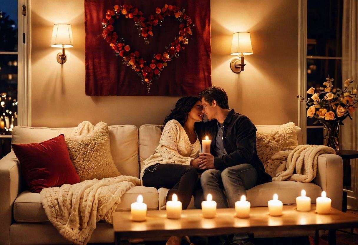 A cozy, candle-lit room with a couple sitting close on a plush sofa, sharing a passionate gaze while surrounded by soft pillows and warm blankets. A heart-shaped floral arrangement on a nearby table exudes warmth. The ambiance reflects intimacy with dim lighting and romantic decorations, highlighting the essence of evolving romance. super-realistic. warm colors. soft focus.